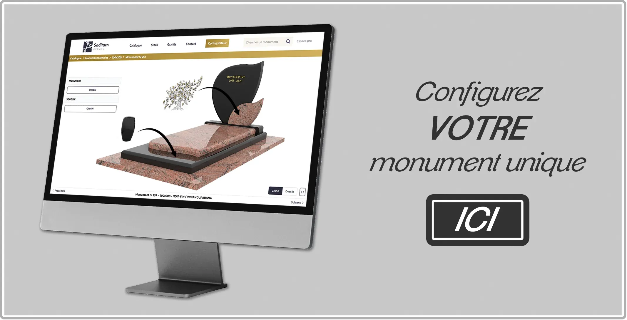 Configurateur en ligne de monuments funéraires Soditarn sur écran d'ordinateur.